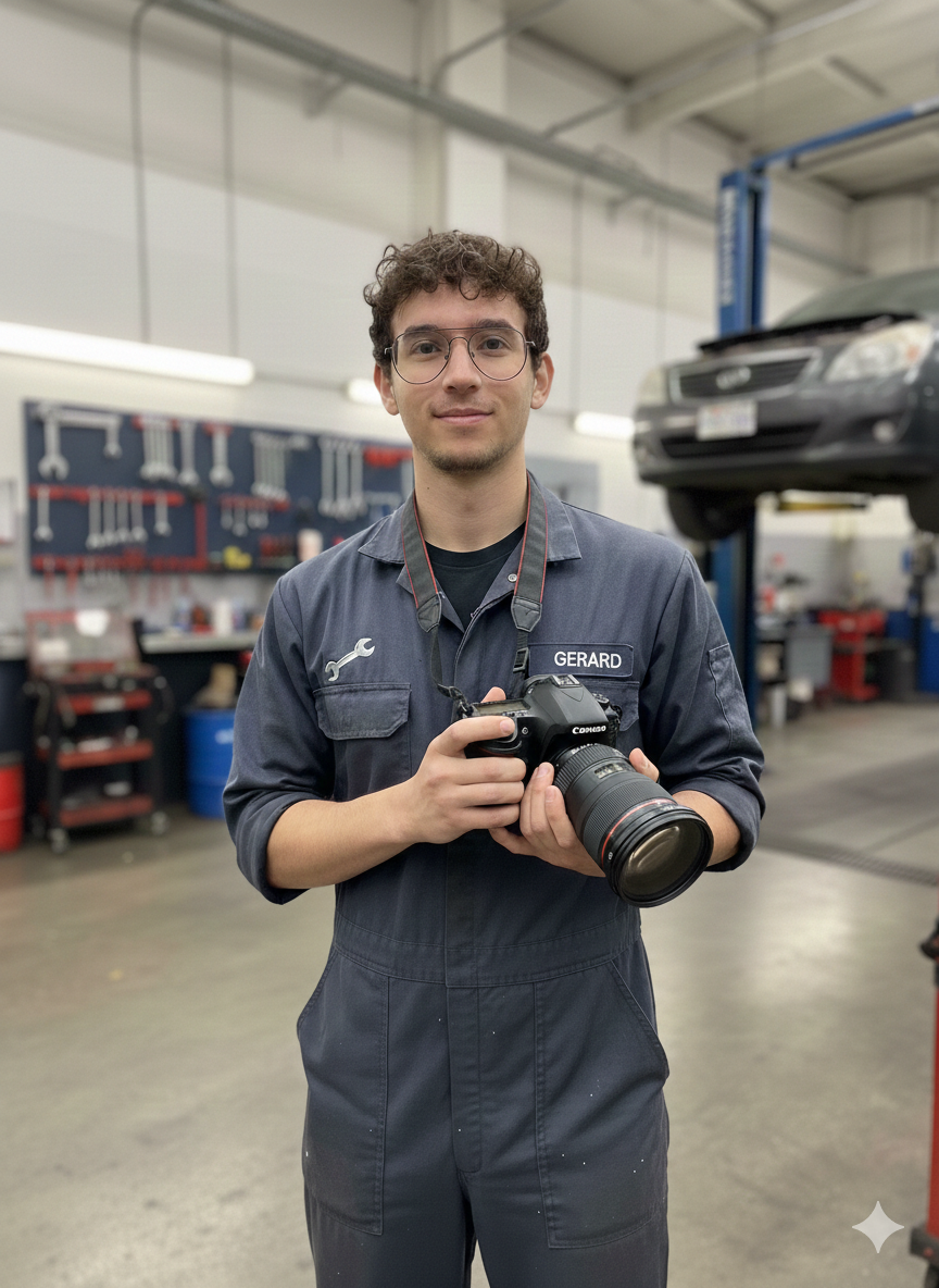 Gerard sosteniendo una cámara en el mecánico